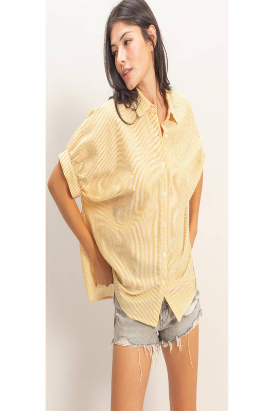 Striped Short Sleeve Button-Front Blouse - YELLOW