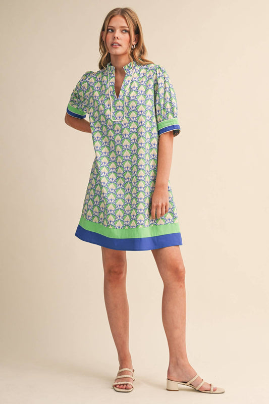 TRACEY FLORAL PUFF SLEEVE MINI DRESS - GREEN BLUE MULTI
