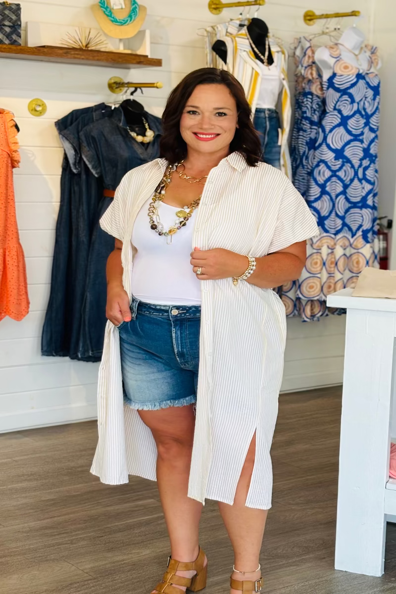 Tan and white striped dolman sleeve midi shirtdress with spread collar, full button-down front, drawstring tie waist, and side slits — Mirror on Main
