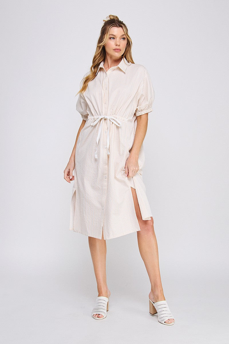 Tan and white striped dolman sleeve midi shirtdress with spread collar, full button-down front, drawstring tie waist, and side slits — Mirror on Main