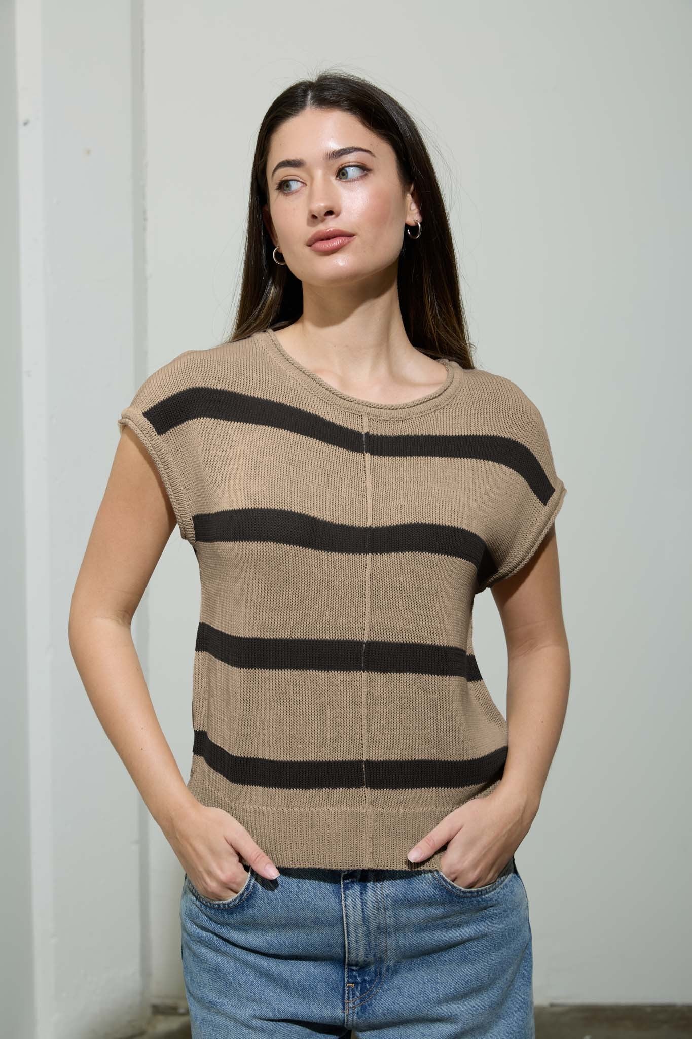 Taupe and black horizontal striped knit pullover sweater with drop shoulder, short sleeves, round neckline, and front seam detail — Mirror on Main