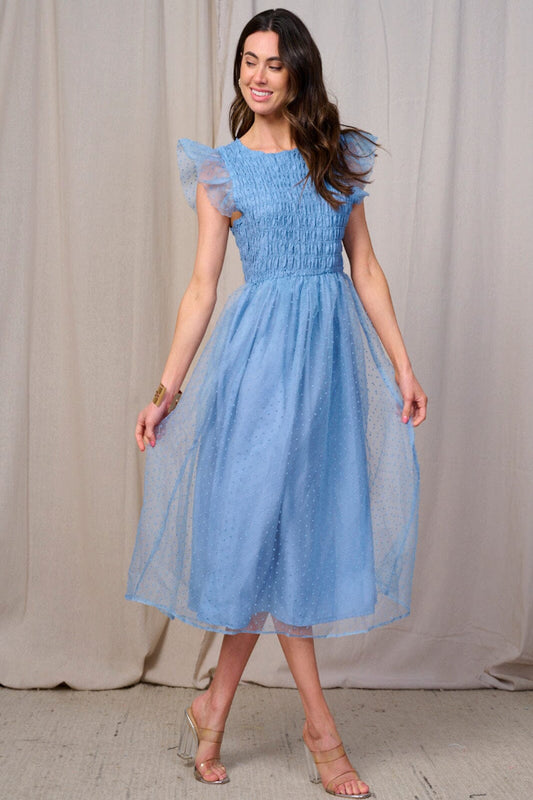 Terri Ruffle Sleeve Smock Midi Dress - Blue