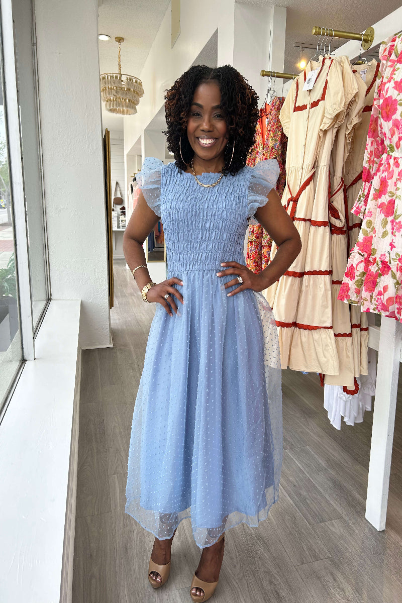 Terri Ruffle Sleeve Smock Midi Dress - Blue
