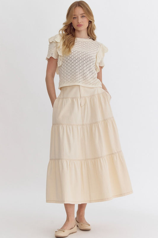 ruffle sleeve knit top available in lime and off white styled for everyday outfits