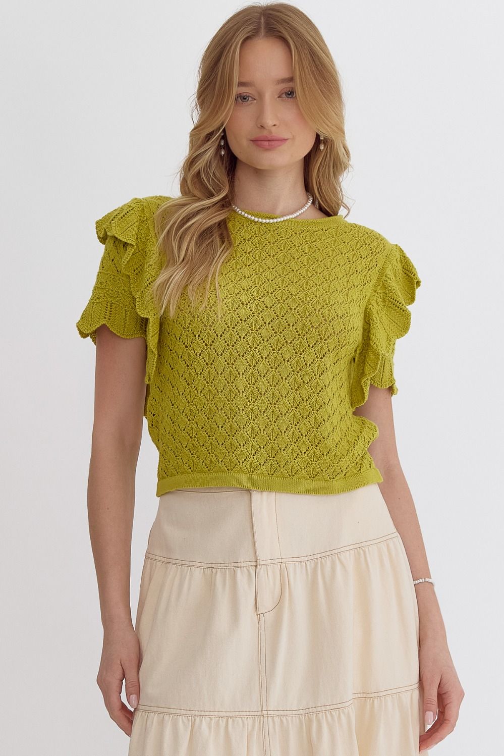 ruffle sleeve knit top available in lime and off white styled for everyday outfits