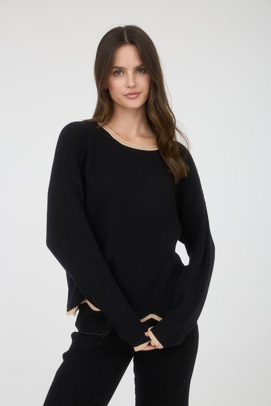 Tina Scallop Trim Knit Pullover Sweater - Black