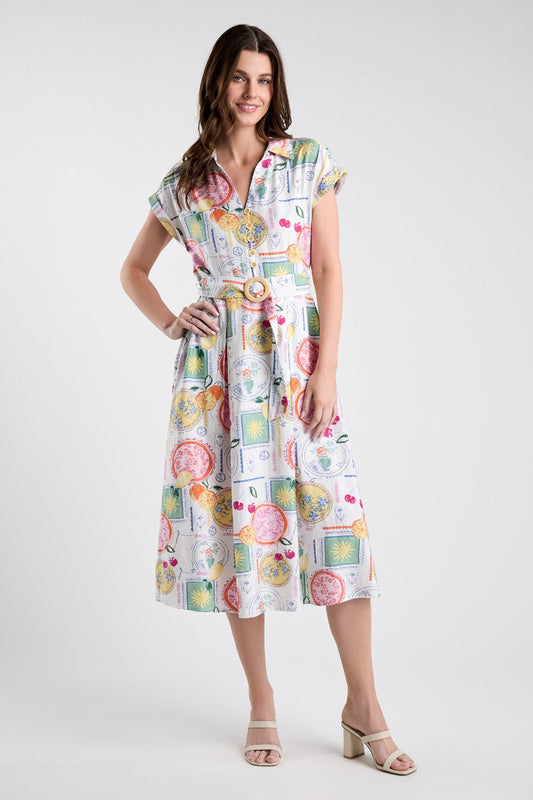 Colorful conversational print midi dress with belted waist, wooden buttons, and pockets, styled with neutral heels.