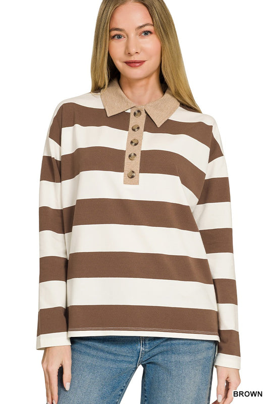 Woman wearing a brown and ivory striped long sleeve polo top with contrast collar – Mirror On Main.