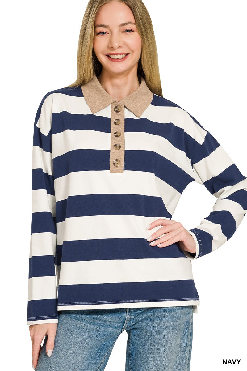 Women's navy and ivory striped long sleeve polo top with contrast collar, button placket and relaxed fit – Mirror On Main