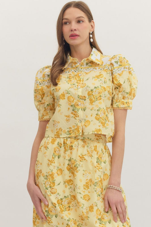 Yellow Floral Puff Sleeve Crop Top with Scallop Collar & Button Front