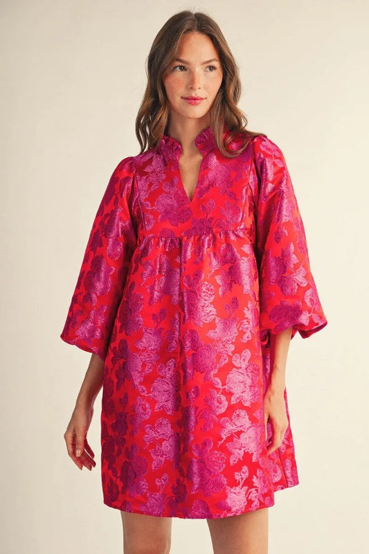 Model wearing tomato red floral jacquard puff sleeve mini dress – front view – Mirror On Main.