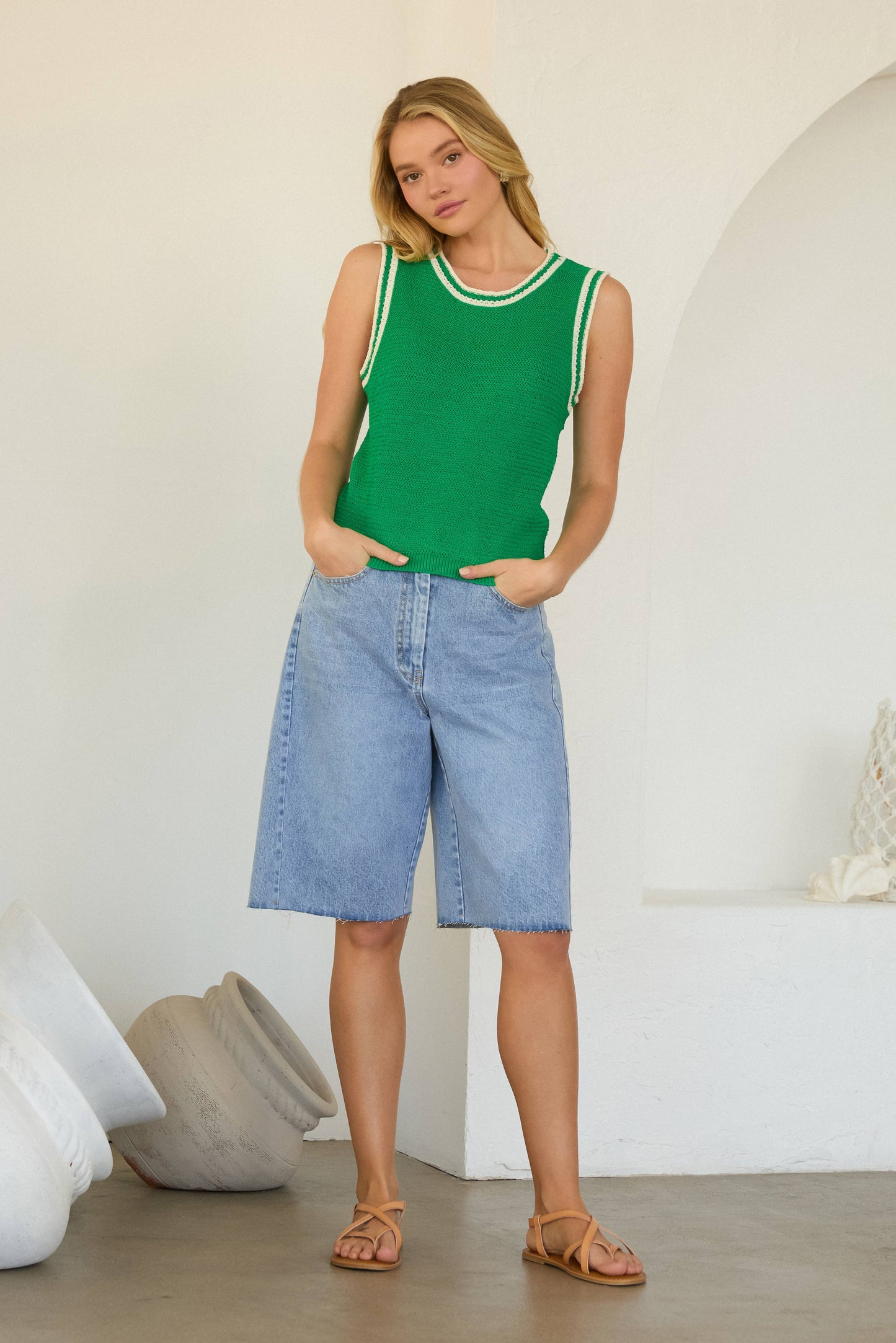 High-Waisted Relaxed Denim Bermuda Shorts: Denim