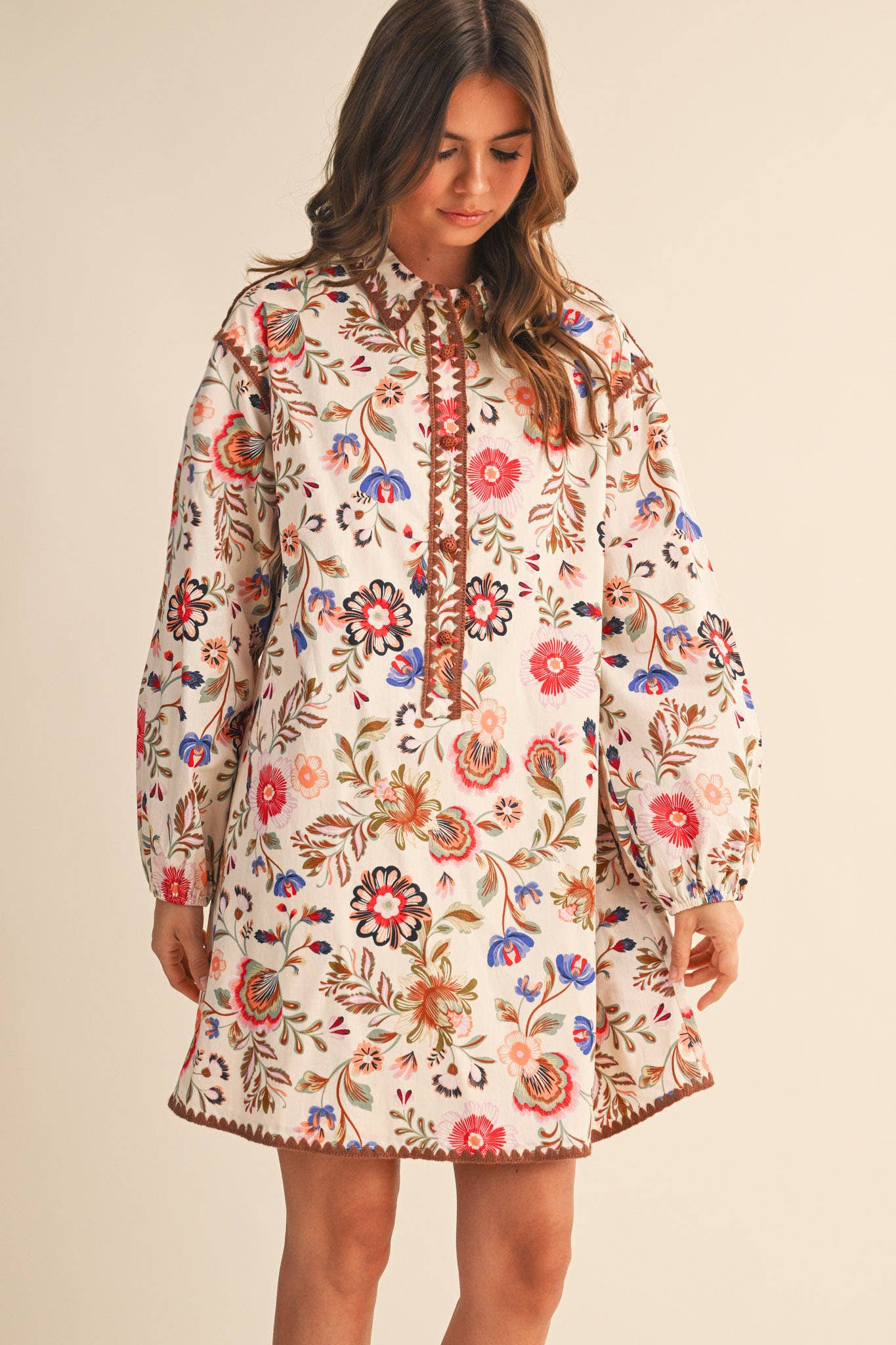 May Print Buttoned Mini Dress - Cream Multi