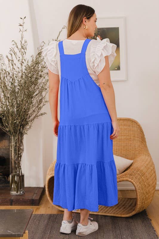 Priscilla Solid Button Sling Tiered Midi Dress - Blue