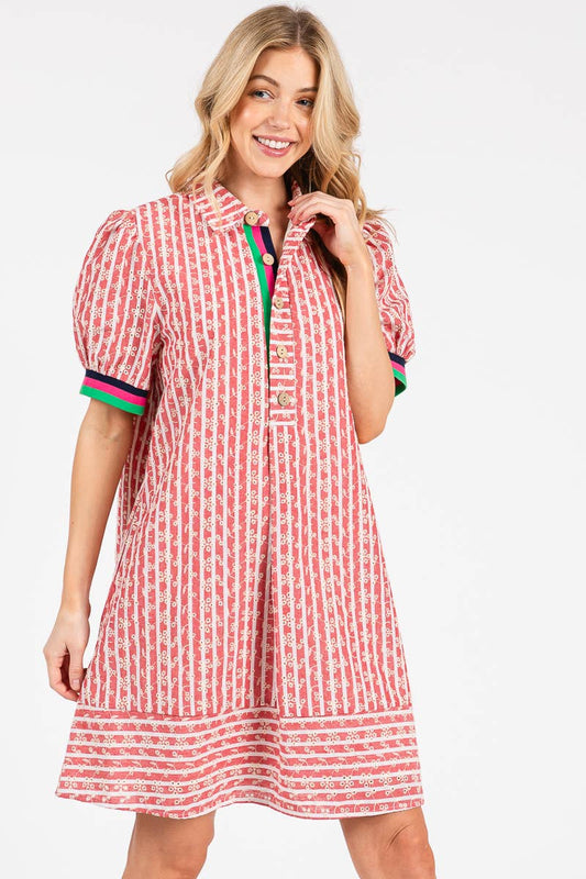 NINA STRIPED PUFF SLEEVE DRESS - RED