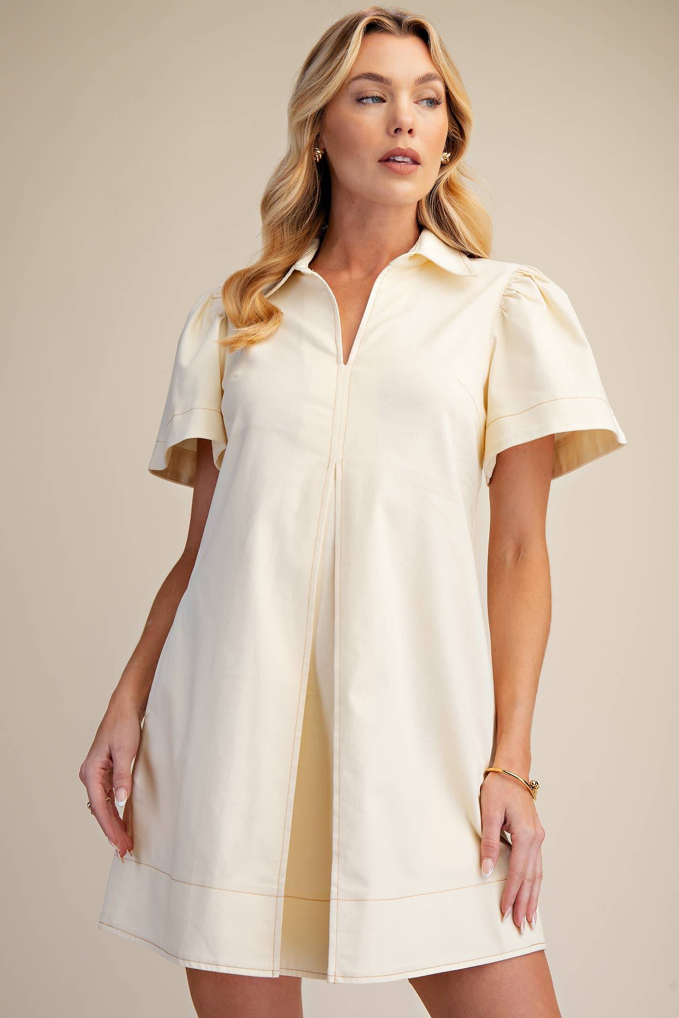 Collar V-Neck Pleated Mini Dress: Butter Yellow / L