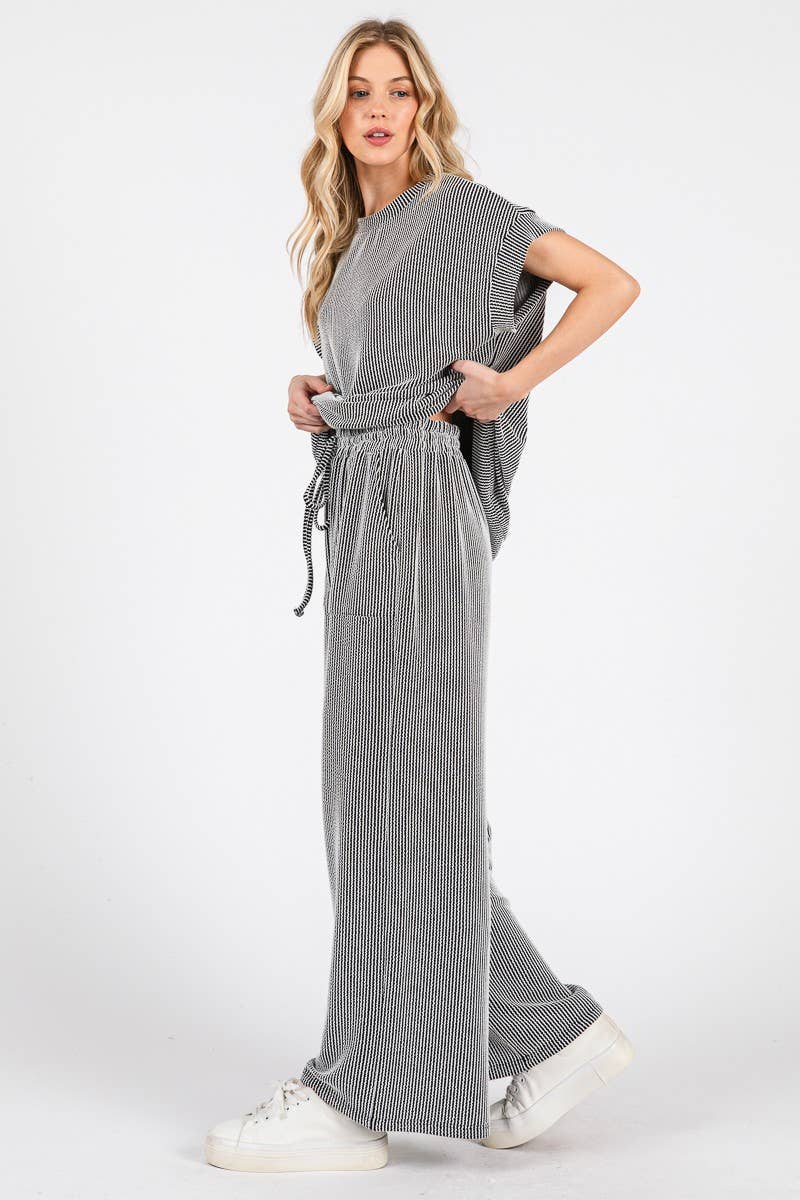 Carrie Striped Rib Knit Lounge Set - BLACK