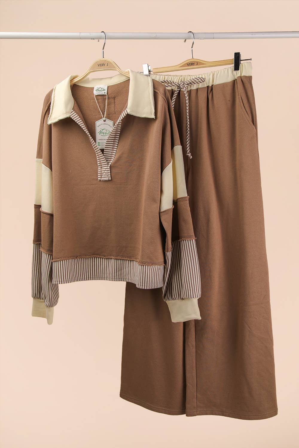 Glam Color Block Casual Knit Top & Pants Set - Mocha