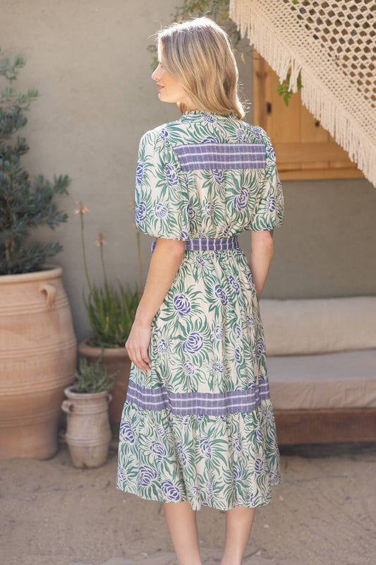 Eliza Floral Print Contrast Stripe Midi Dress--Green
