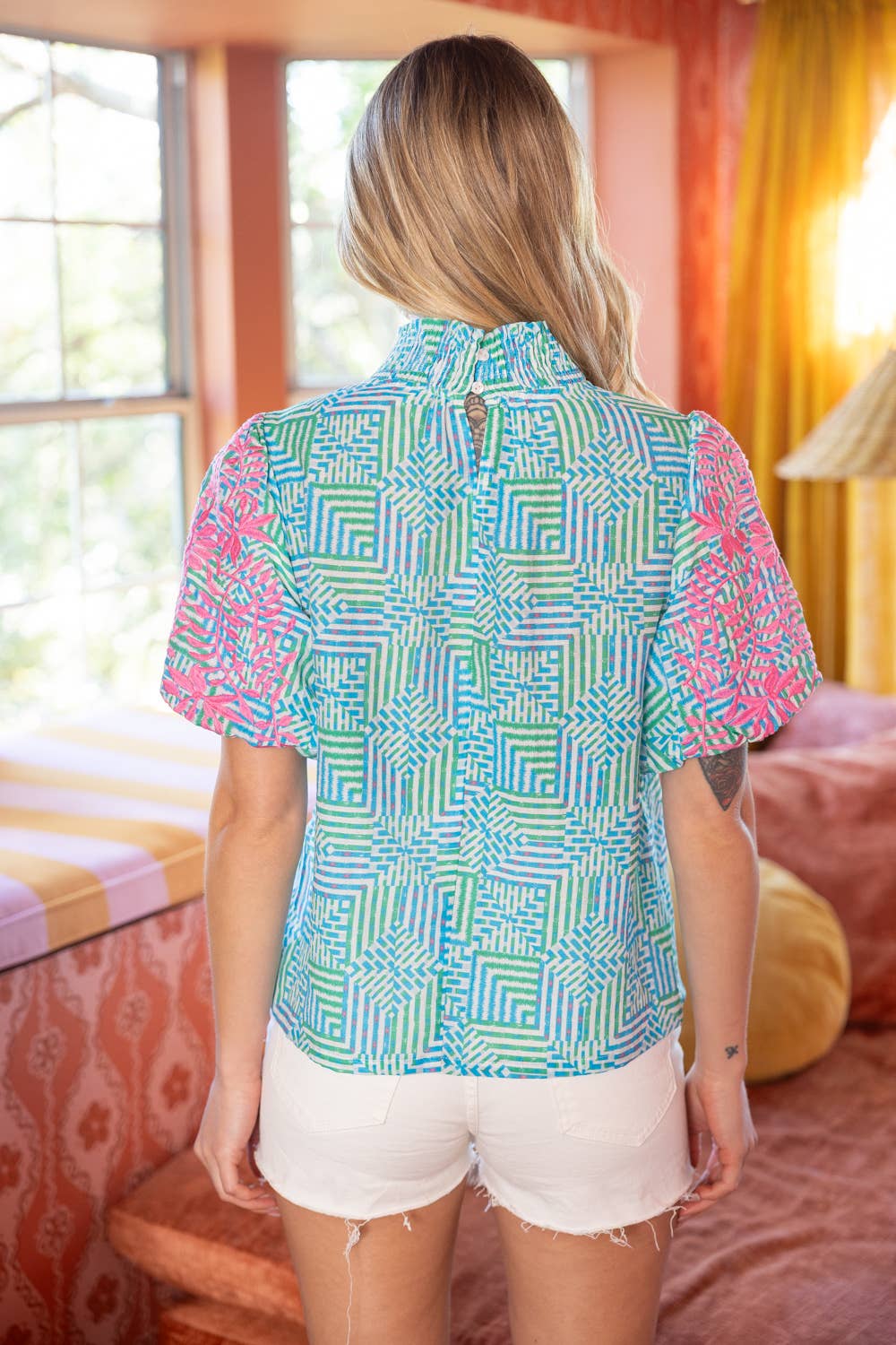 36395 Smocked Neck Contrast Embroidered Bubble Sleeve Top: Blue / L