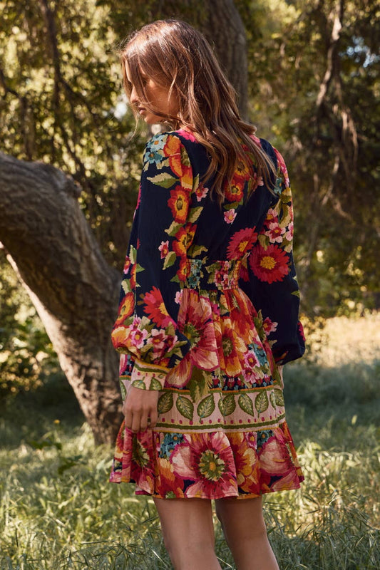 Nancy Floral Border Printed Mini Dress - Navy Multi