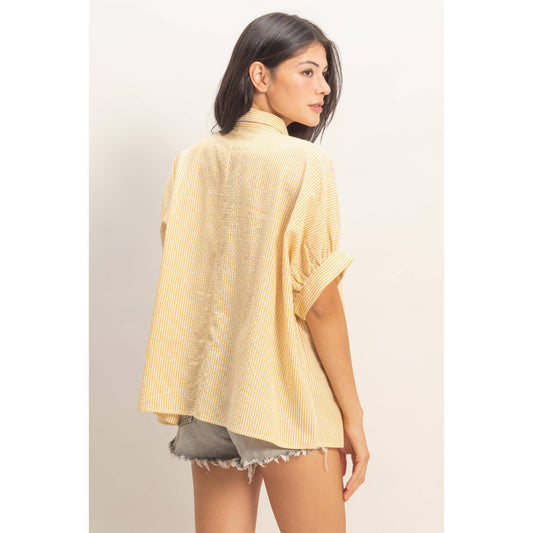 Striped Short Sleeve Button-Front Blouse - YELLOW
