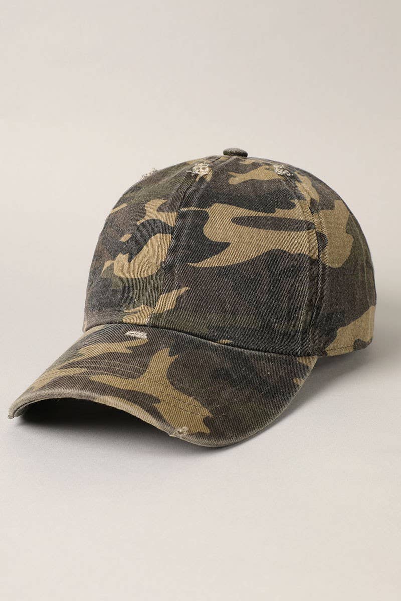 Camouflage Distressed Cotton Baseball Cap Hat: OLIVE / One Size