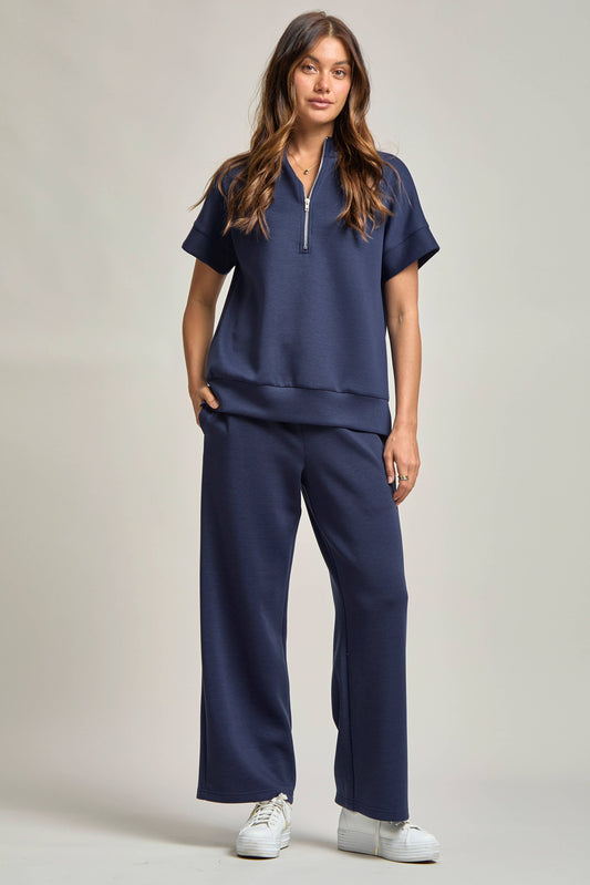 Suzanna Short Sleeve Quarter Zip + Pants Set -  Navy
