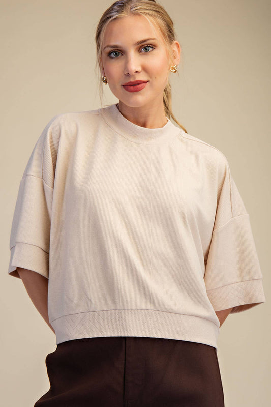 Crew Neck Knit Top: Taupe / L