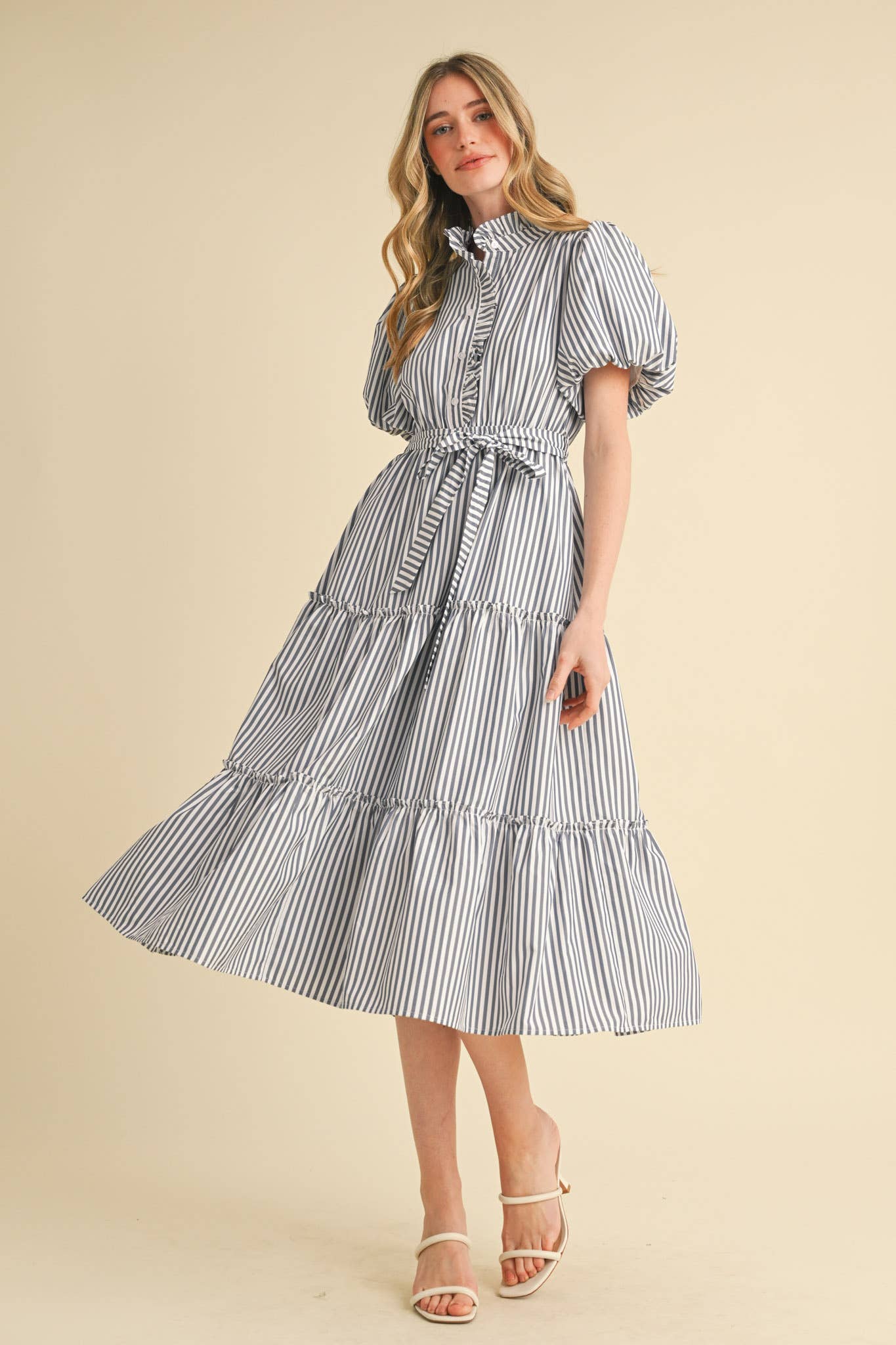 MIA STRIPED RUFFLED BUTON DOWN MIDI DRESS - NAVY STRIPE
