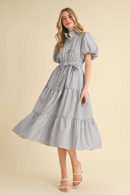 MIA STRIPED RUFFLED BUTON DOWN MIDI DRESS - NAVY STRIPE