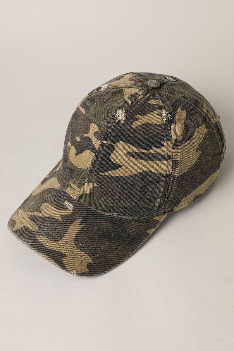 Camouflage Distressed Cotton Baseball Cap Hat: OLIVE / One Size