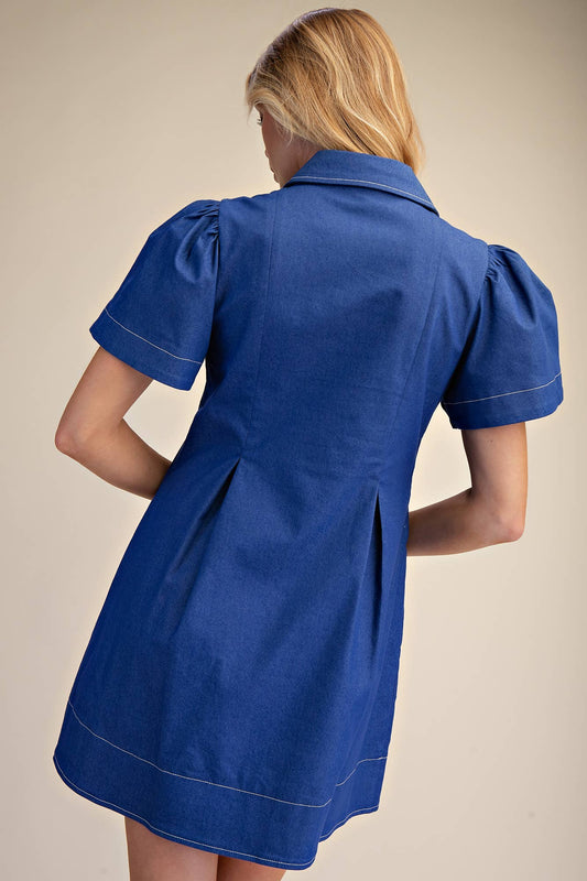 Royal Blue Puff Sleeve Denim Mini Dress | Collar V-Neck & Contrast Stitch