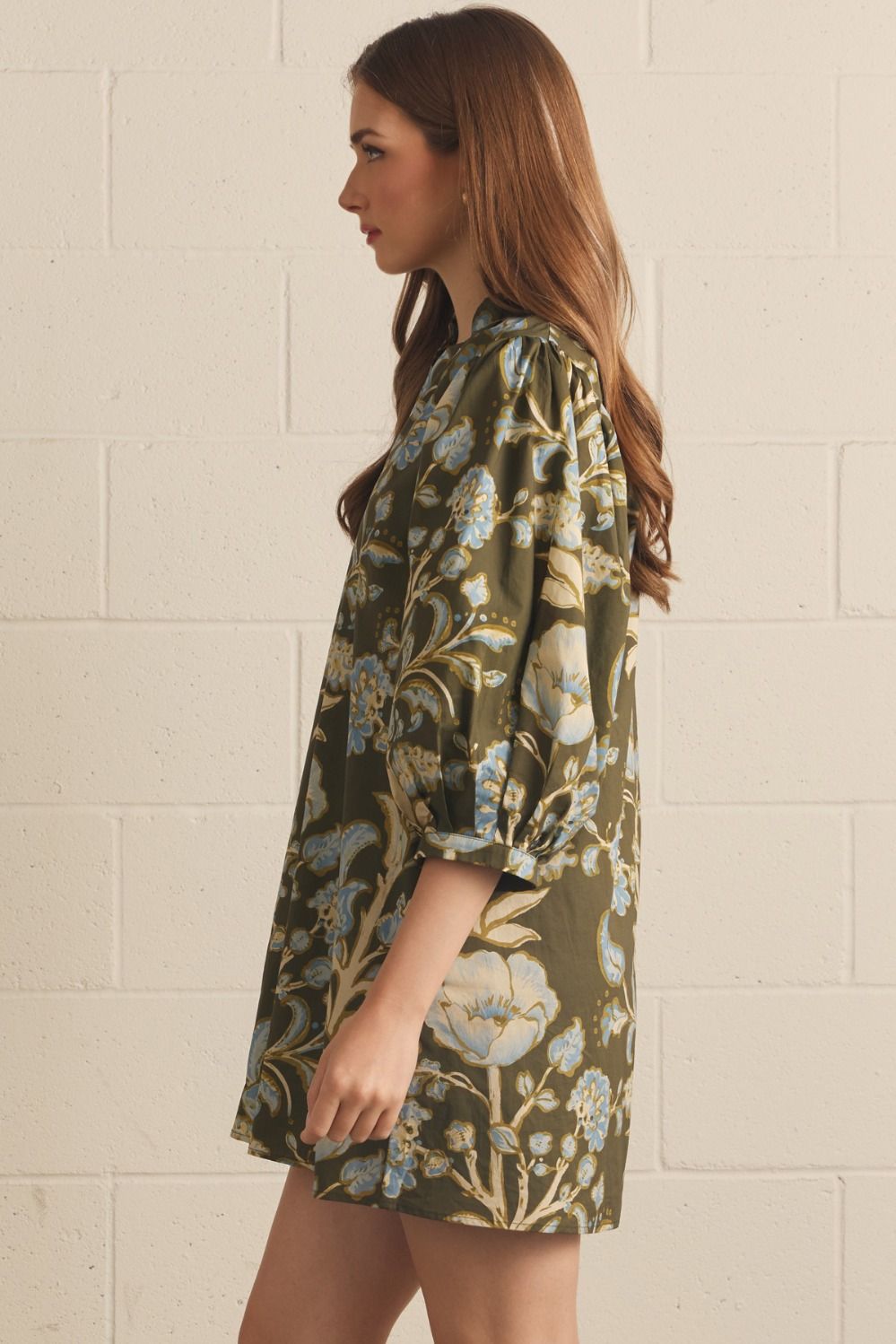 Olive Floral Puff Sleeve Dress