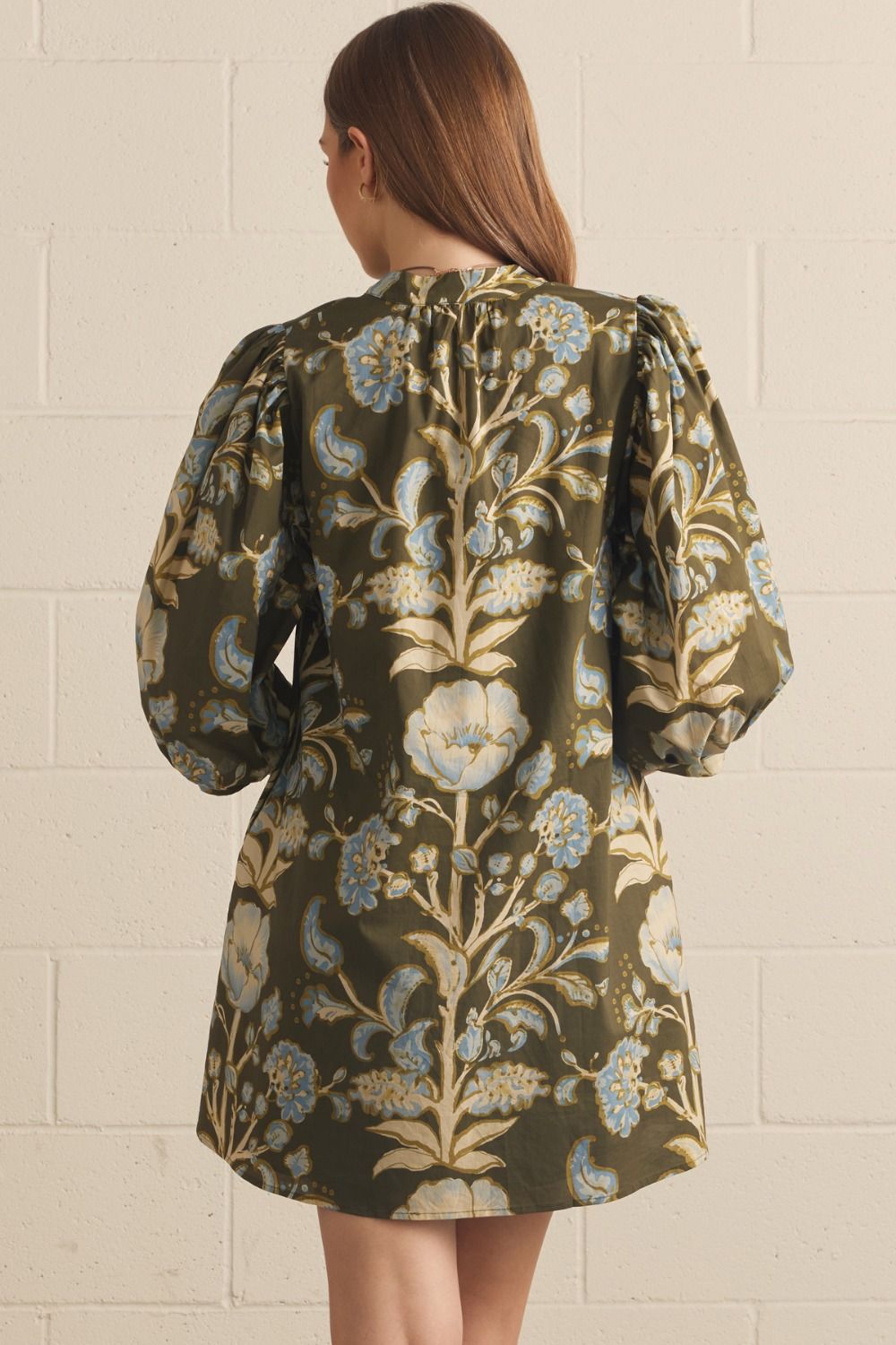 Olive Floral Puff Sleeve Dress