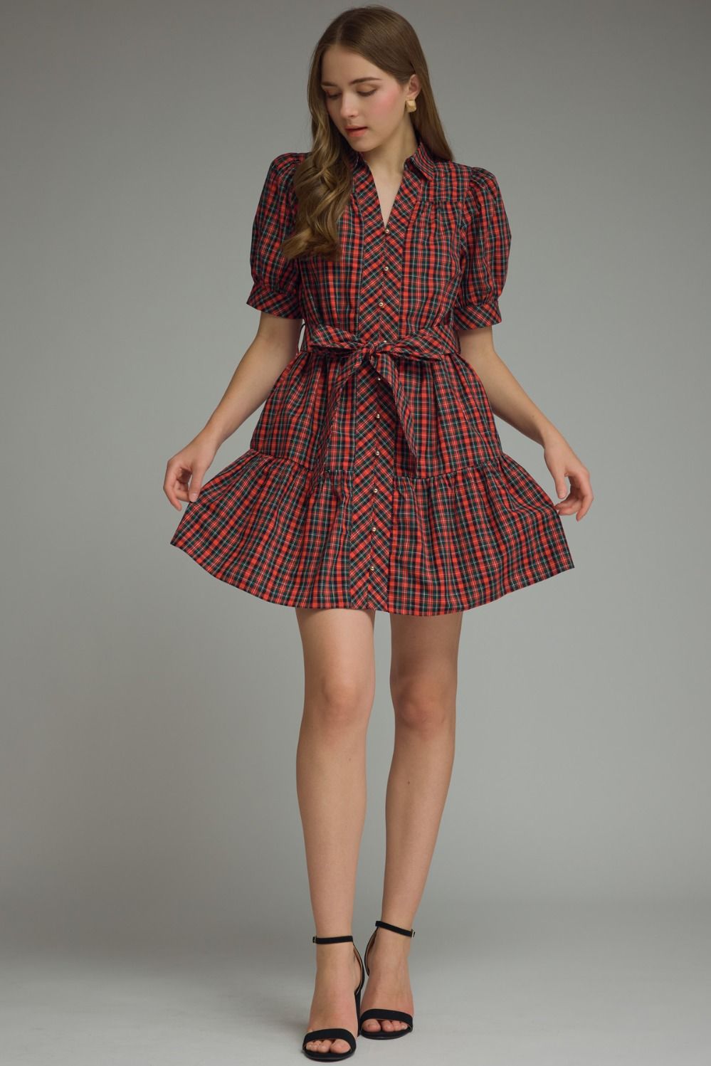 Plaid short puff sleeve mini dress featuring self-tie belt at waist