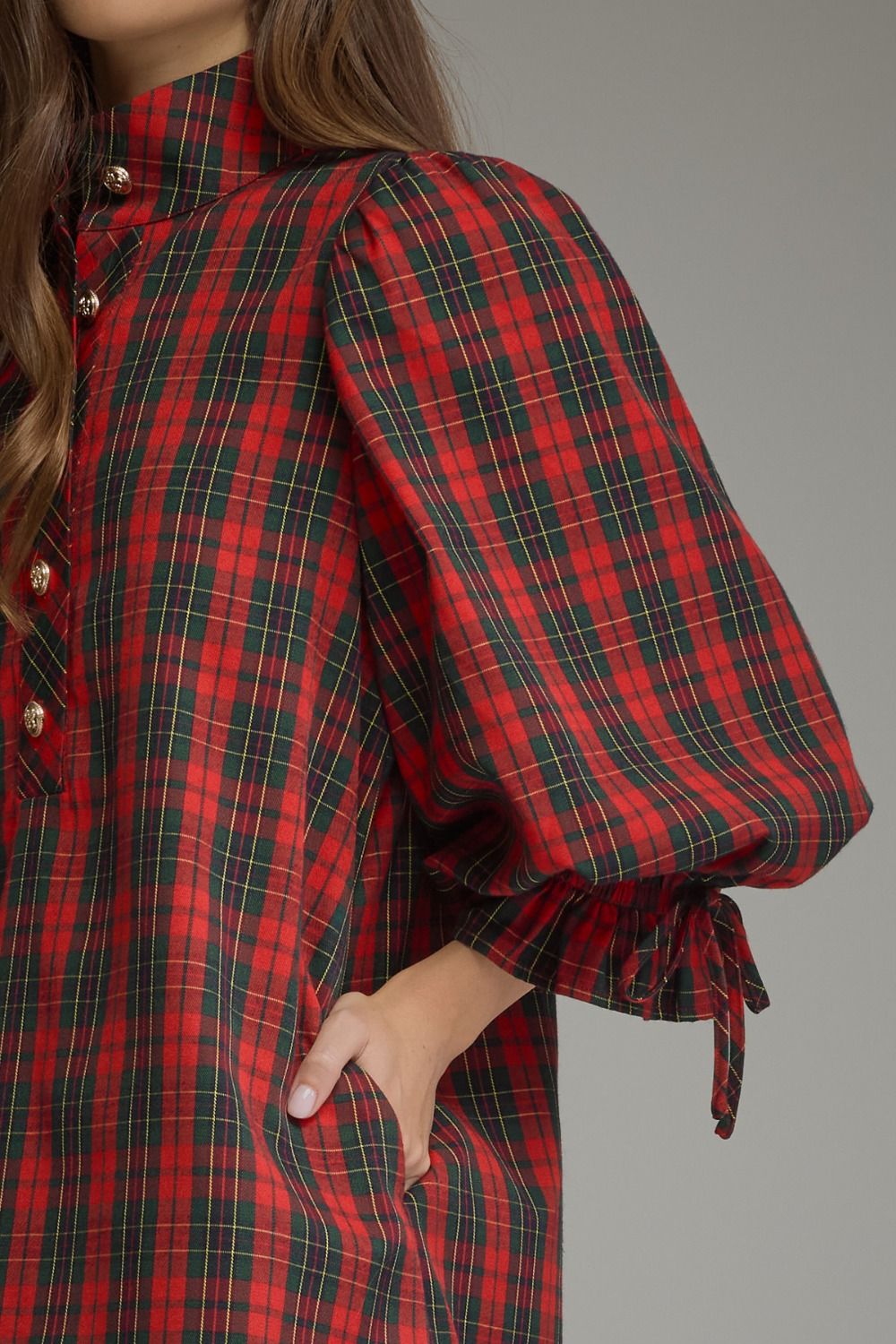Plaid short puff sleeve mini dress featuring self-tie belt at waist