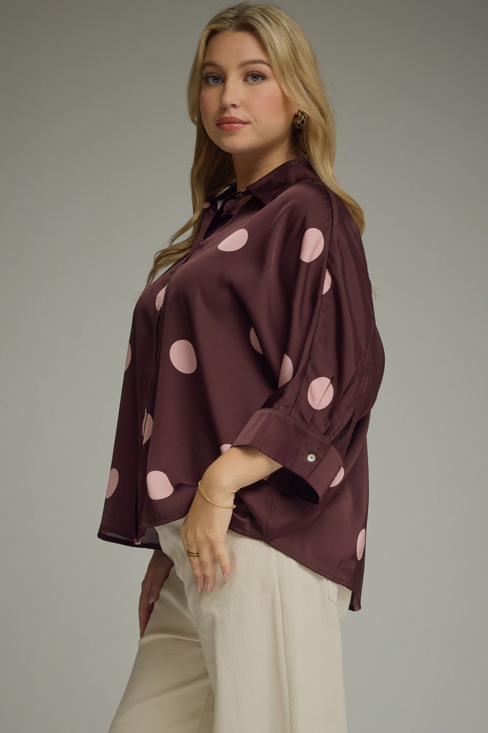 Plum Polka Dot Button Top