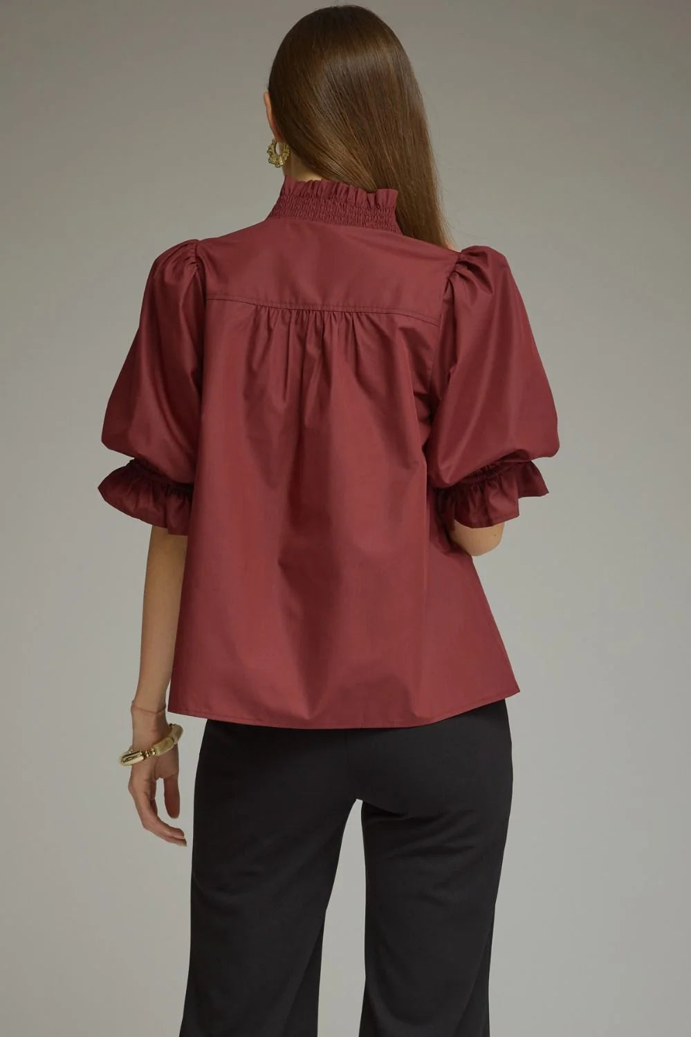 Wine Smocked Ruffle Top