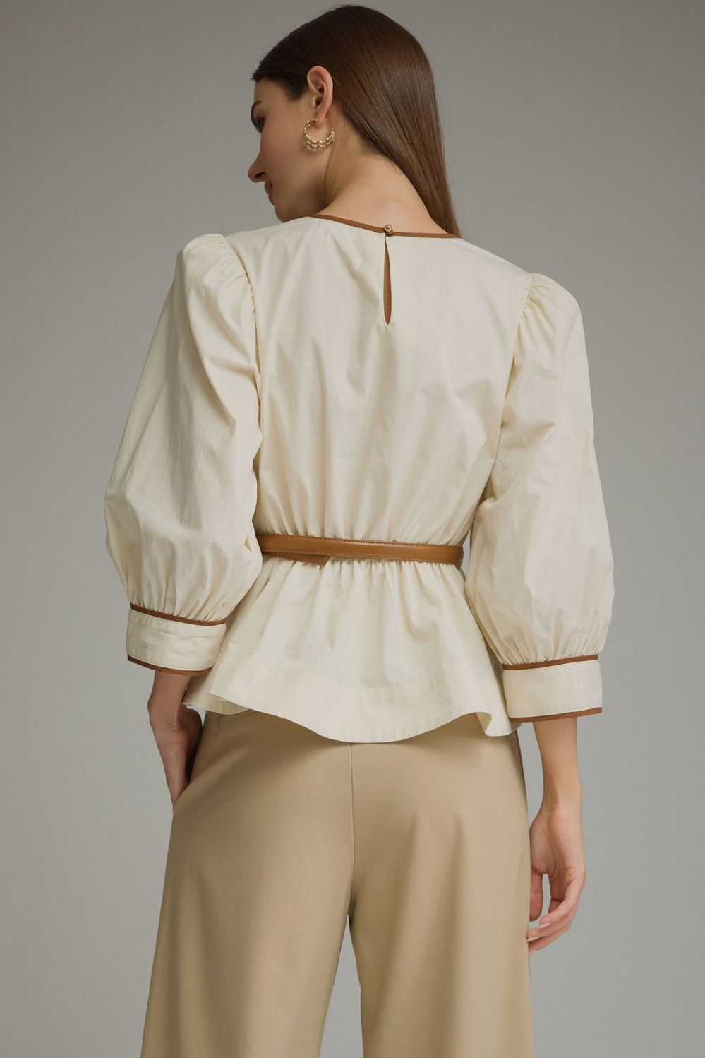 Ecru Puff-Sleeve Blouse with Detachable Belt