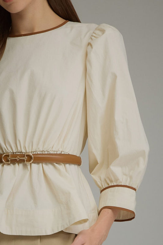 Ecru Puff-Sleeve Blouse with Detachable Belt