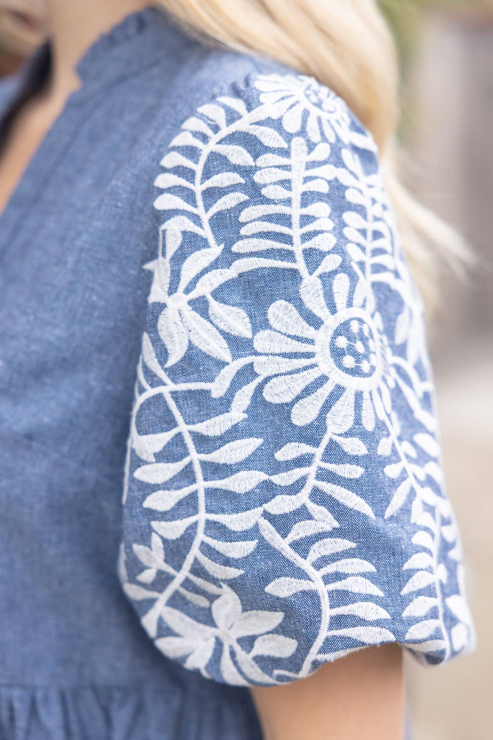 Ellie Floral Embroidered Sleeve Chambray Tiered Dress - Denim Blue