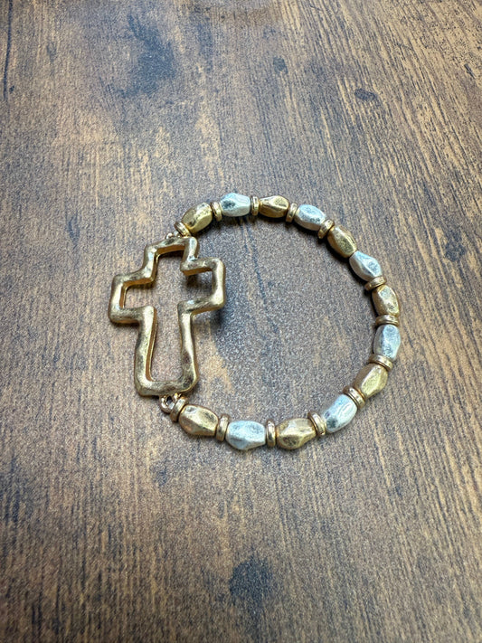 Gold Hammered Cross Mixed Metal Stretch Bracelet
