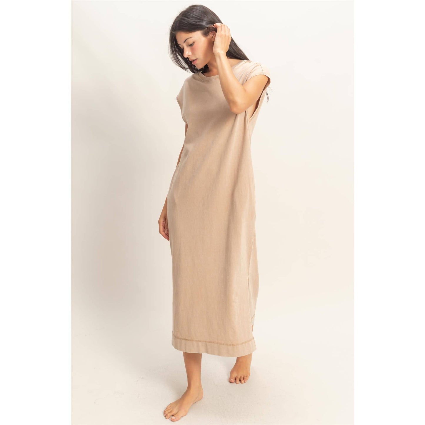 Cap Sleeve Midi Dress: DARK TAUPE