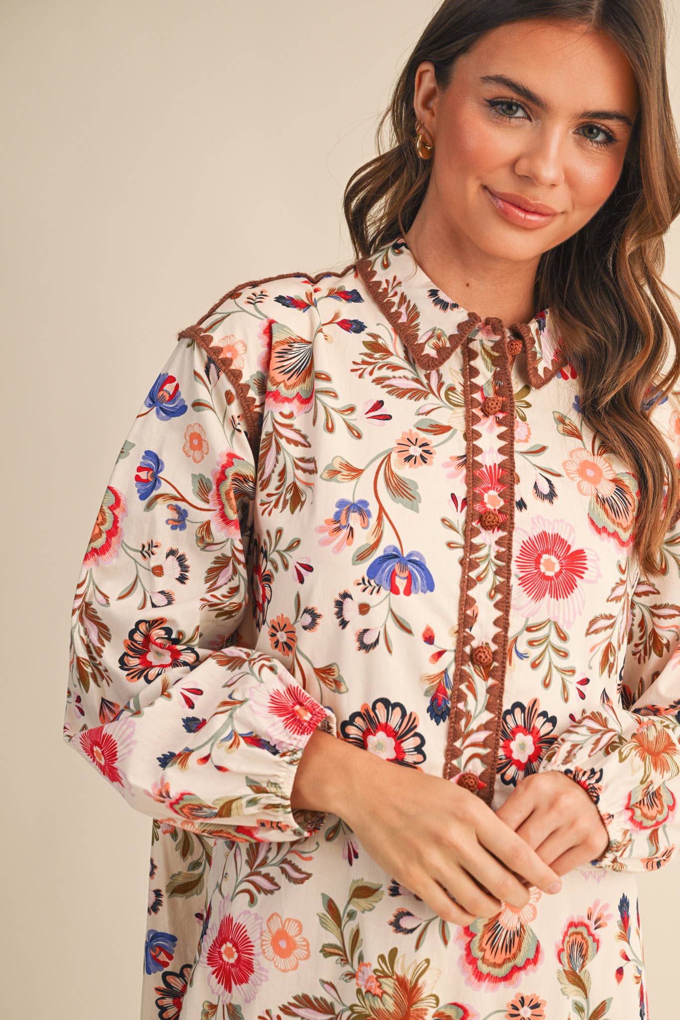 May Print Buttoned Mini Dress - Cream Multi