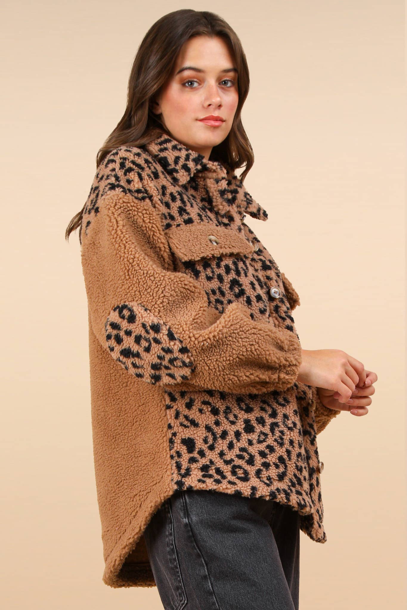 Part Of Leopard Printed Fleece Jacket - LEOPARD CARAMEL