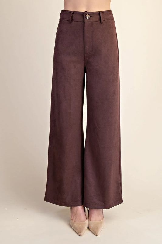 brown suede-look high waist wide leg pants with belt loops and back patch pockets, modeled front view – Mirror On Main