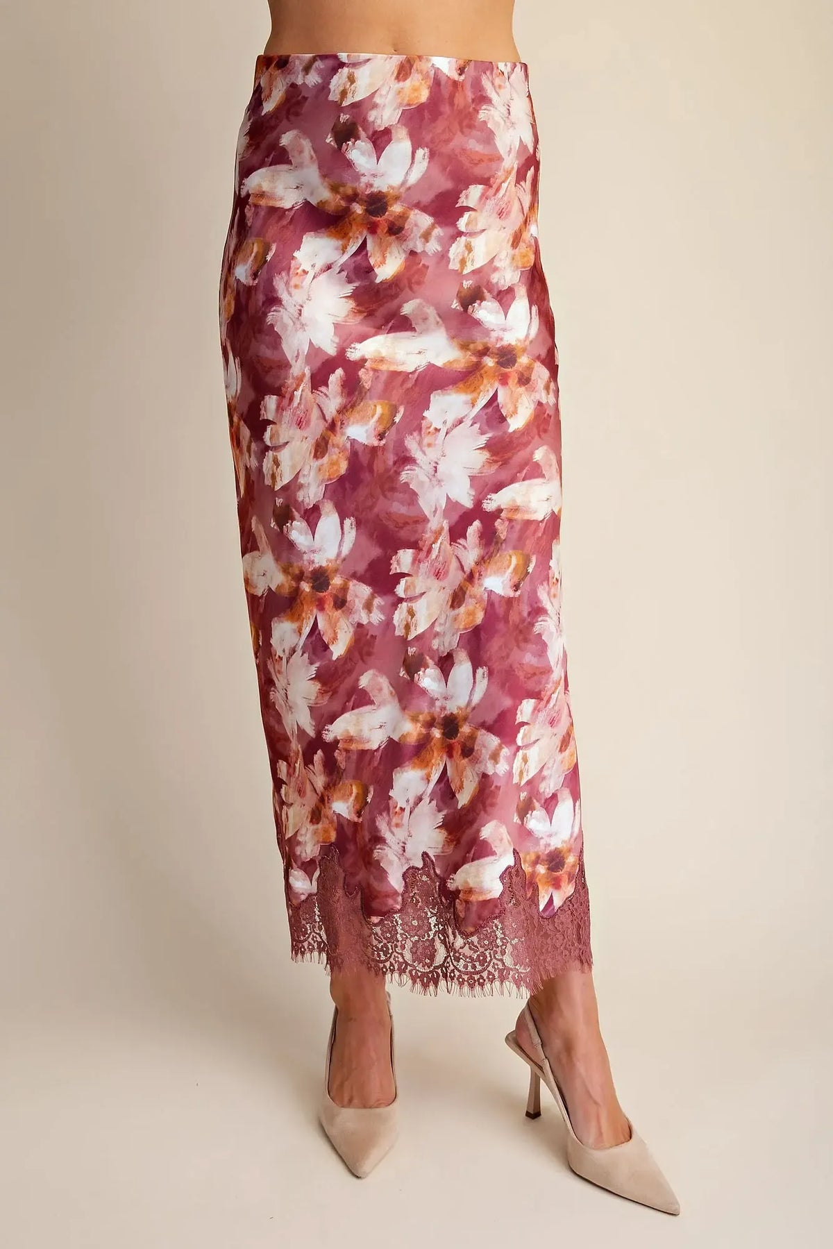 Mauve floral satin midi skirt with high waist, cream and peach floral print, and delicate lace trim along the bottom hem, front view – Mirror On Main