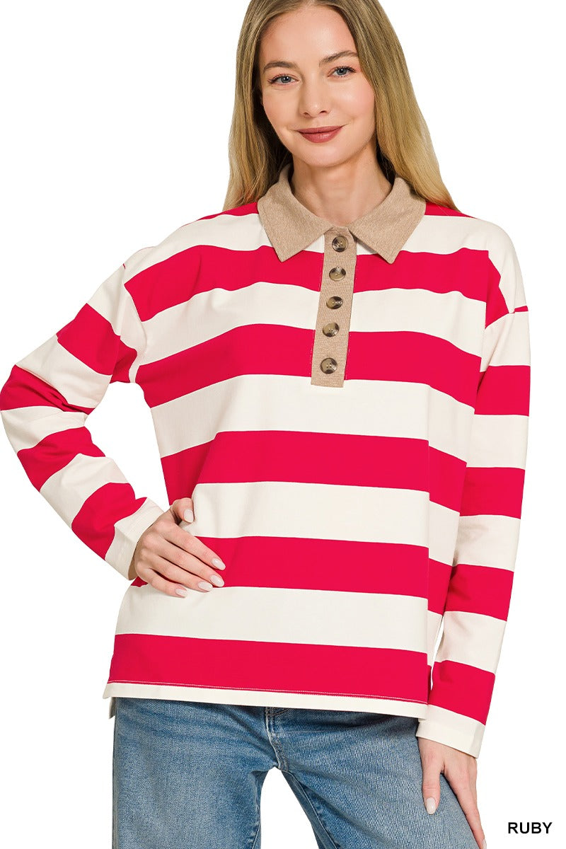 Women's ruby pink and ivory striped long sleeve polo top with contrast collar, button placket and relaxed fit – Mirror On Main