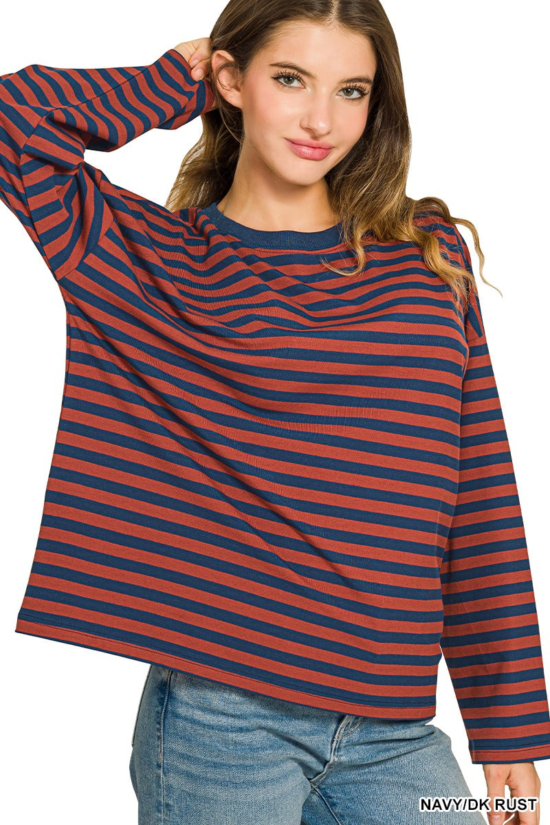 Women's navy and dark rust striped long sleeve crew neck tee with relaxed fit and drop shoulders – Mirror On Main